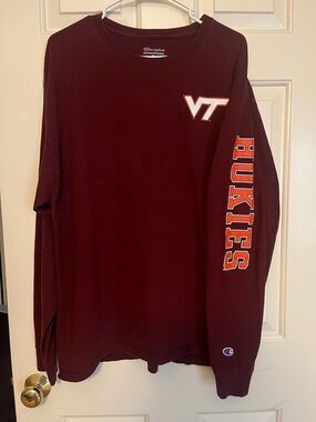 Champion Maroon VT Huskies Long Sleeve Tee with Orange Sleeve Print
